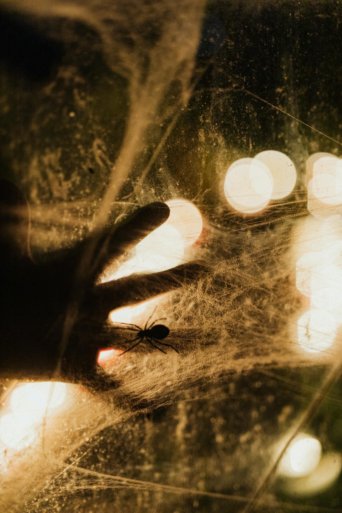Silhouette of a hand and spider against a glowing spider web background, creating a spooky effect.