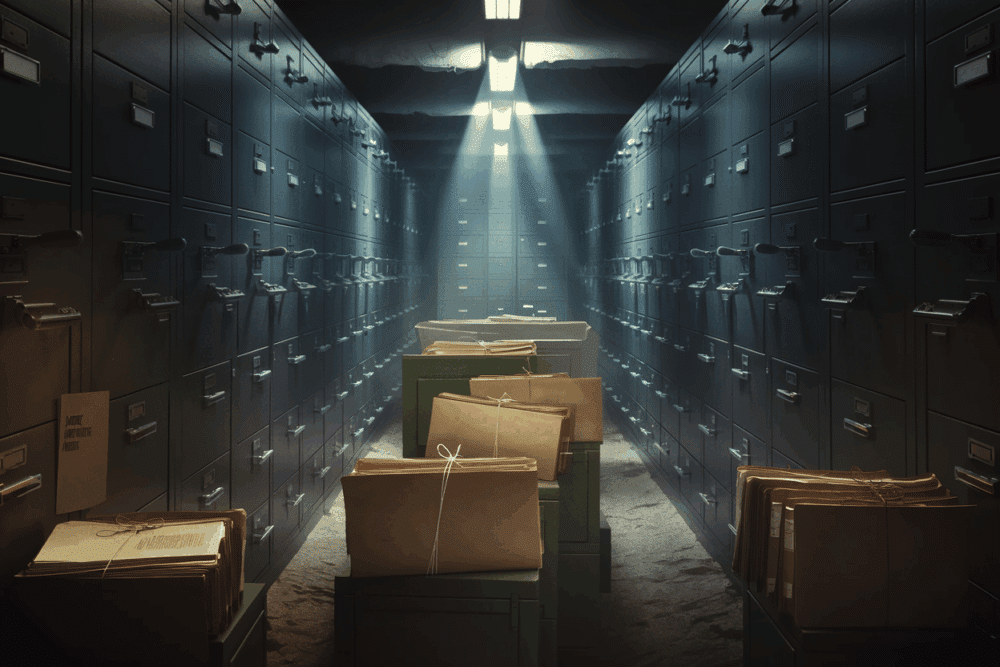 Dunkles Archiv mit Akten und Ordnern
