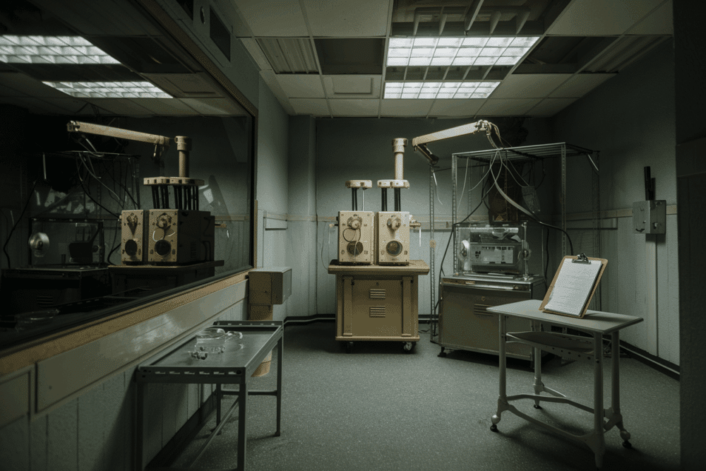 Dunkler Raum mit alten Maschinen.