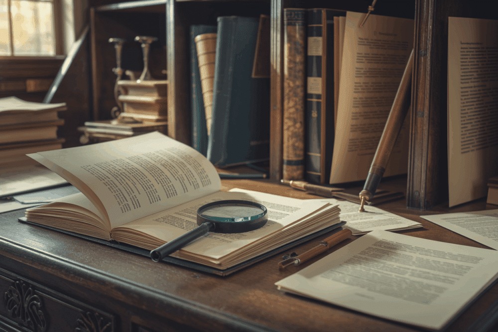 Ein Schreibtisch voller Bücher und Notizen.