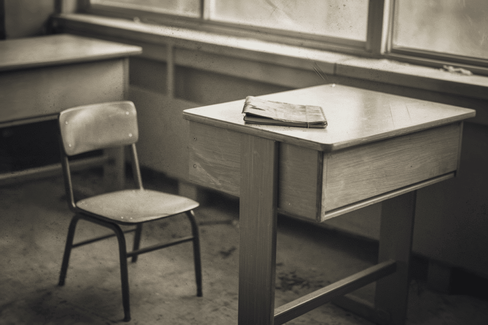 Leerer Klassenraum mit einsamer Stuhl.