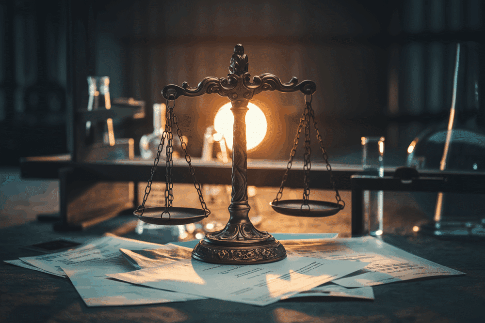 Antike Waage mit Dokumenten und Licht